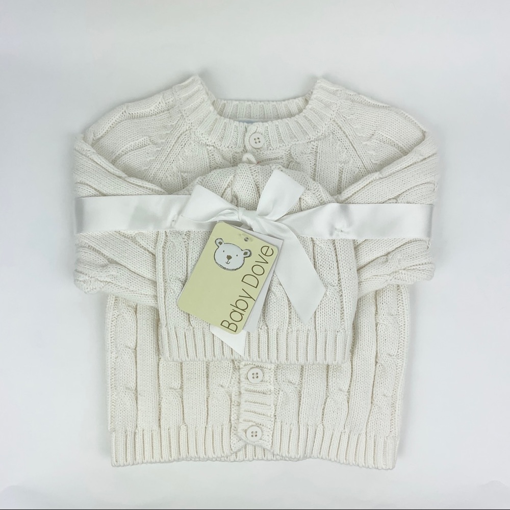 Infant cable knit sweater and matching hat. Unisex